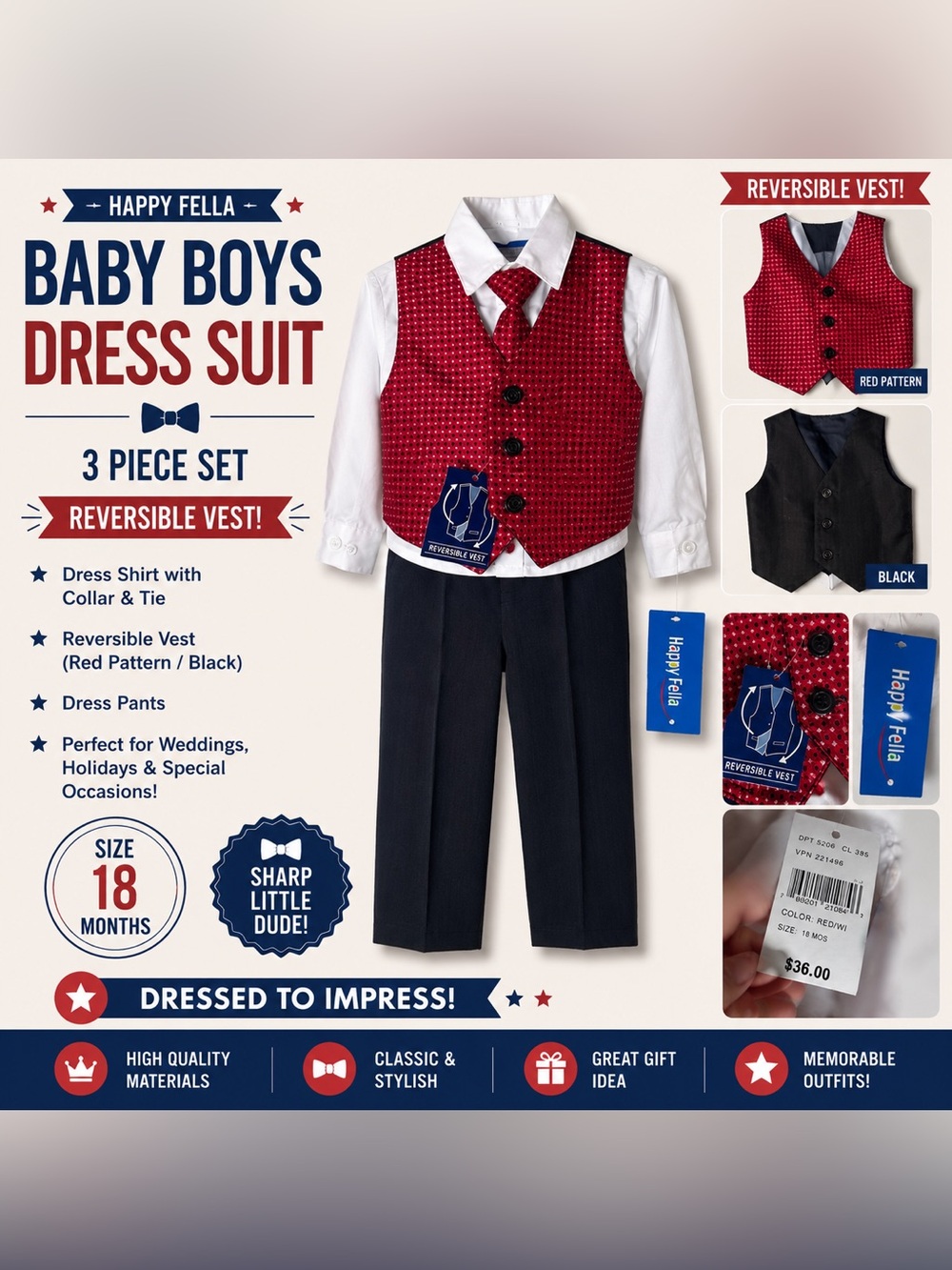 18 month Boys Red Reversible Vest Dress Set with White Shirt & Black Pants